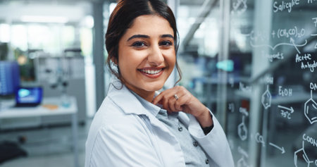 Happy woman, portrait and scientist with glass board for problem solving or compound structure at...