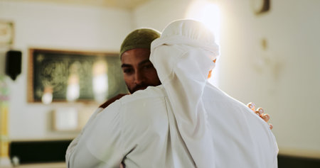 Muslim, faith and people in mosque, hug and worship for Islamic religion, Ramadan and holy spirit....