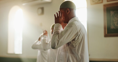 Religion, prayer and Muslim men in mosque, faith and peace for Palestine, spiritual belief or arabic...