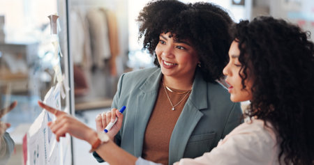 Writing, brainstorming and women with ideas, small business and fashion designer with brand info. Entrepreneur, teamwork and people with sticky notes for clothing design, stylist or planning launchの写真素材