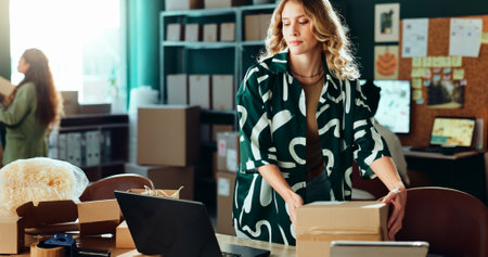 Boxes, laptop and logistics with woman in office for delivery or shipping schedule. Computer, online order and supply chain with serious courier person in depot or warehouse for ecommerce trackingの写真素材