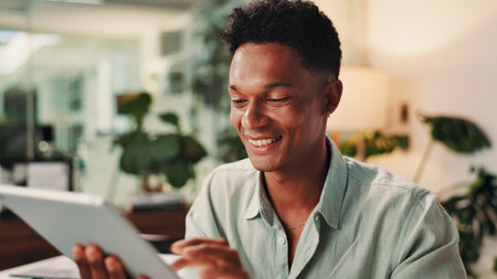 Business, tablet and man in office, smile and connection with ad agency, network and communication. Internet, employee or sales consultant in workplace, tech or stats for profit growth or digital appの写真素材