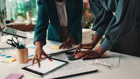 People, hands or tablet with documents for planning or brainstorming together on office desk. Team,...
