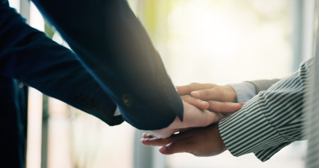 Business people, hands together or meeting with team for collaboration, agreement or trust at...