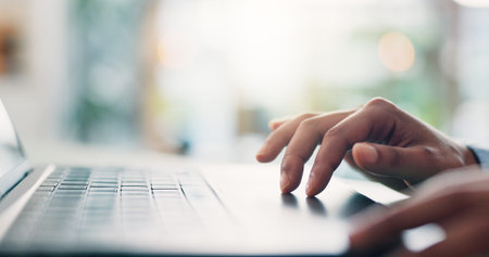 Laptop, hands and businessperson in office with keyboard for research with finance report for...