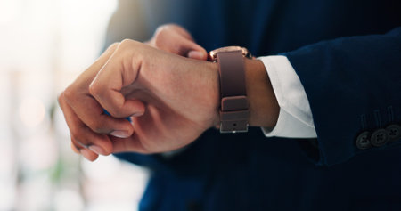 Hands, business and man with watch, check time and productivity for meeting schedule. Closeup,...