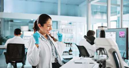 Scientist, woman and microscope with celebration for biology, breakthrough or medical research...