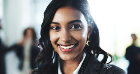 Lawyer, woman and happy with portrait in office for legal justice, professional service and about us...