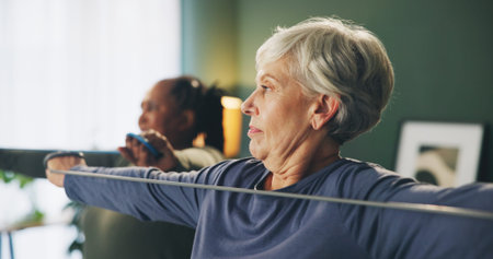 Fitness, stretching and senior woman with band in home for exercise, training and workout in living room. Retirement, sports class and people with equipment for wellness, healthy body and cardioの写真素材
