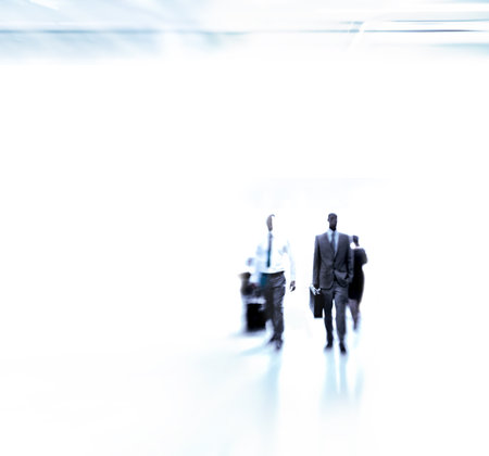 People, blur or rush in work, commute or travel as business, morning or walk to office job mockup. Corporate, businesspeople or workers as busy, career or workforce on abstract white backgroundの写真素材
