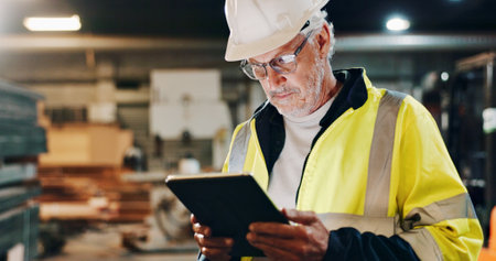 Tablet, mature or man in building warehouse for furniture manufacturing, renovation and woodwork. Manager, supervisor or carpenter with technology for production, remodeling maintenance and researchの写真素材