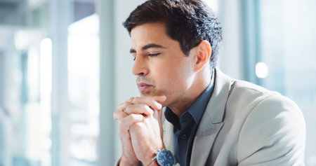 Thinking, planning and business man in office for problem solving, financial advisor and client solution. Brainstorming, reflection and accounting audit with person in agency for investor decisionの写真素材