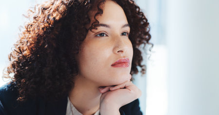 Thinking, vision and business woman in office for problem solving, financial advisor and client solution. Brainstorming, reflection and accounting audit with person in agency for investor decisionの写真素材