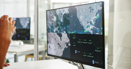 Hands, computer and screen with weather report for climate change, map and global forecast in...