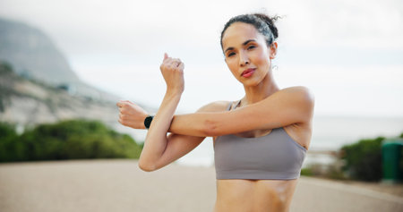 Woman, portrait or runner stretching on road for running exercise, body health or fitness training....