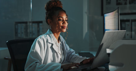 Laptop, woman and scientist with research in laboratory for medical study, project or discovery....