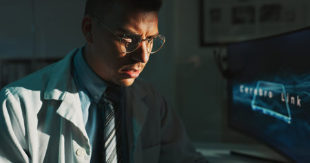 Computer screen, doctor and neurology with man in hospital office for diagnosis or review. Display,...