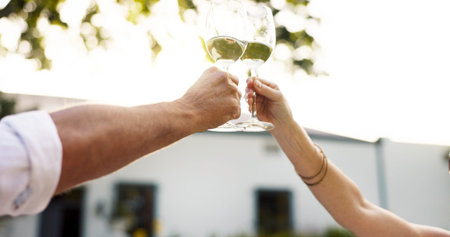 Hands, people and toast with champagne outdoor on date, romance and celebration of anniversary....