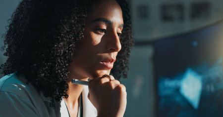 Science, research and woman in lab, thinking and medical innovation with contemplation. Person,...