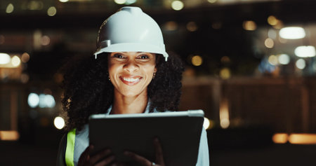 Tablet, engineer and portrait of happy woman in city for construction project and development at...