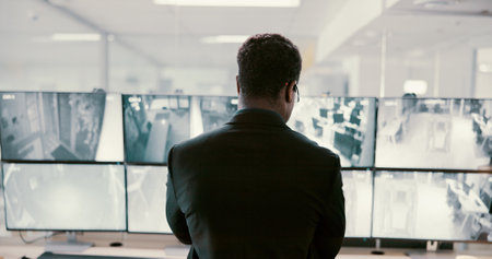 Camera, security and back of man on computer screen for surveillance, inspection and monitoring. Observation, footage and guard on monitor for protection, info and building safety in control roomの写真素材