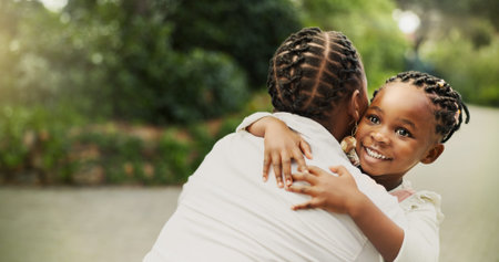 African mother, happy child and hug outdoor for love, care and together with family affection for...