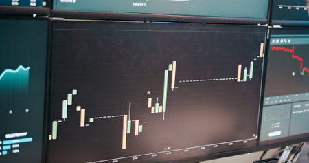 Stock market chart, computer screen and financial graphs for trading, data analytics or global...