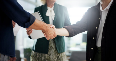 Handshake, deal and business people in office for investment agreement, partnership or meeting....