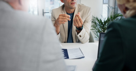 Office, meeting and businessman with feedback for finance, investment briefing or review proposal....