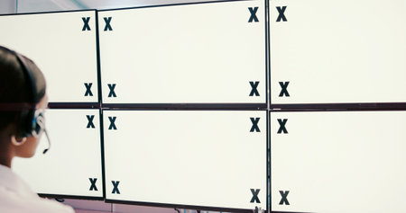 Back, woman or space on computer in call center for trading, finance or stock market prices in night. Headset, tracking markers or consultant on monitor with help mockup or technology in control roomの写真素材