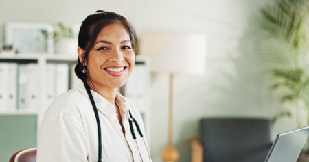 Healthcare, doctor or happy woman with portrait, confidence or laptop for report in clinic. Smile,...