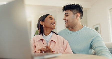 Laptop, planning and happy with couple at home for lease agreement, online application and support....