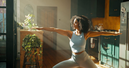 Exercise, stretching and yoga with woman in home for start of holistic, pilates or wellness routine....