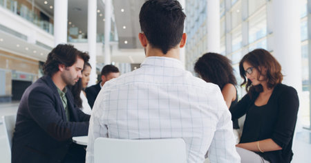 Team, business man and meeting for planning, discussion or financial solution in back office. Group, brainstorming ideas and collaboration with revenue manager for investment project, sales or profitの写真素材