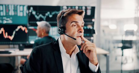 Thinking, man and finance for trading in office, stock market decision and solution of financial growth. Trader, headset and ideas for cryptocurrency problem solving, value update and investment lossの写真素材