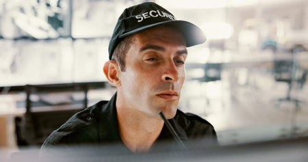 Security guard, watching and man with computer, digital and surveillance for safety in control room....