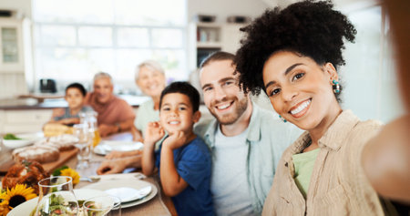 Love, selfie and lunch with big family in dining room for photography, food and nutrition. Picture, happiness and grandparents with child and parents at home for relax, memory and health portraitの写真素材