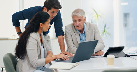 Laptop, teamwork and business people in office, conversation or planning for property development....