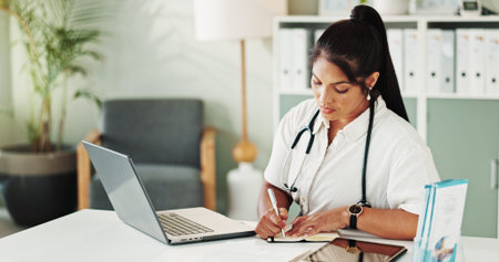 Hospital, woman and doctor with writing for notes, medical diagnosis or information for research....