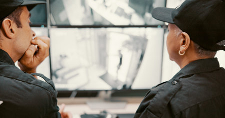 Camera, security and people on computer screen for surveillance, inspection and investigation....