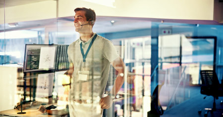 Control room, headset and smile with man in glass office for communication, safety or weather...