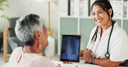 Healthcare, tablet screen or x ray with doctor and patient in office of hospital for consulting....