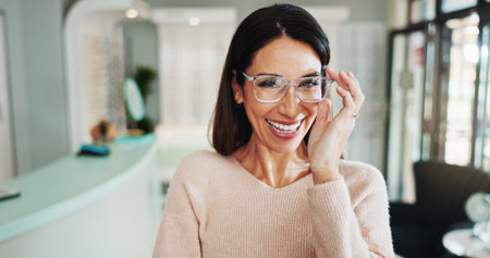 Glasses, portrait or smile of woman in optometry office for prescription frame lens or happy for...