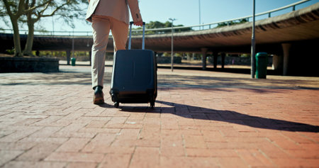 City, walking and business man with suitcase for morning commute, travel and journey to work....