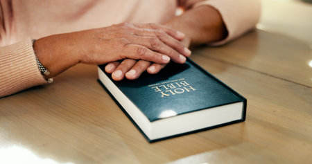 Reading, spiritual and bible with hands of person for worship, prayer study or Christian religion....