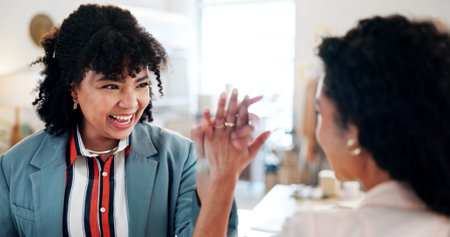 Online shop, business and women with high five celebration for profit growth, ecommerce sales and...