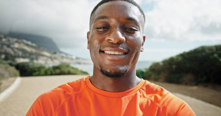 Portrait, outdoor and black man with exercise, fitness and challenge with progress, training and...