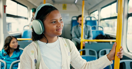 Commute, music and thinking with girl on bus for public transportation to destination or location....