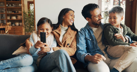 Relax, watching tv and smile with family on sofa for bonding, show and streaming. Movie, happiness...