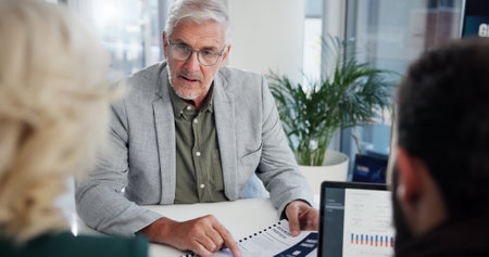 Office, meeting and businessman with paperwork for discussion, investment briefing and review finance. Team, employees and mature financial advisor with document for feedback, report or laptop screenの写真素材